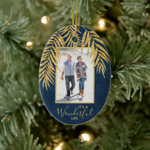 Gold Palms op Denim Holiday kerstfoto Oval Keramisch Ornament