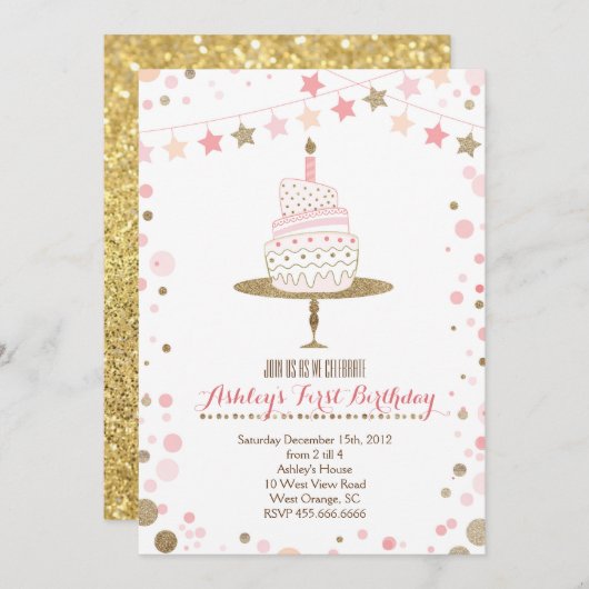 Gold Parties scintillant gâteau Invitation d'anniv (Devant / Derrière)