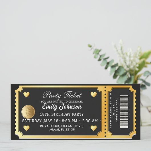 Gold Party Ticket Invitation (Debout devant)