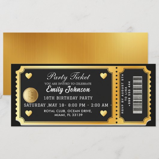Gold Party Ticket Invitation (Devant / Derrière)