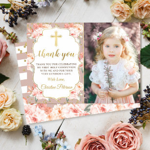 Gold Pastel Coral Floral Communion Carte de remerc