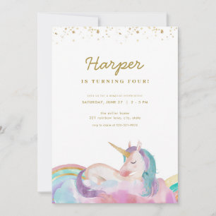 Gold Pastel Magical Unicorn Verjaardag Uitnodiging