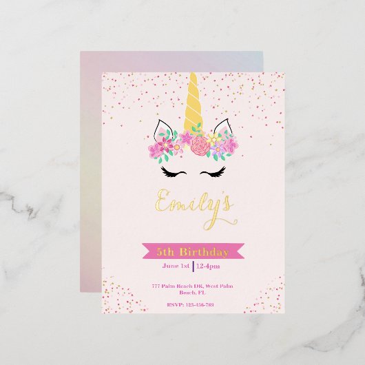 Gold Pastel Modern Unicorn Invitation Anniversaire (Recto/Verso)