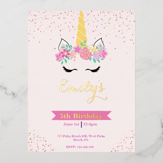 Gold Pastel Modern Unicorn Invitation Anniversaire (Recto)