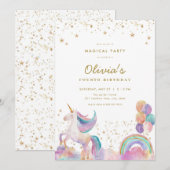 Gold Pastel Rainbow Unicorn Invitation Anniversair (Devant / Derrière)