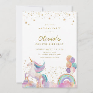 Gold Pastel Rainbow Unicorn Invitation Anniversair