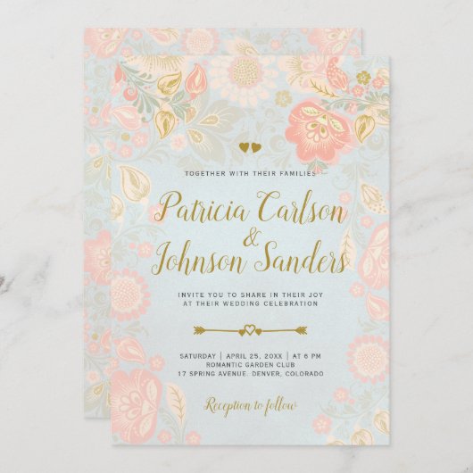 Gold Peach en Blush Spring Blooms Wedding Kaart (Voorkant / Achterkant)