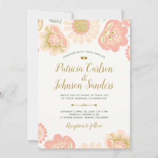 Gold Peach en Blush Spring Blooms Wedding Kaart (Voorkant)