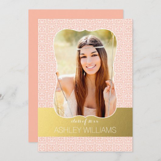 Gold Peach Greek Key Photo Afstuderen Aankondiging (Voorkant / Achterkant)