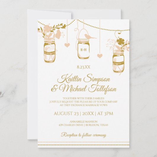 Gold & Peach Mason Jar bruiloft uitnodigingen | Ho (Voorkant)
