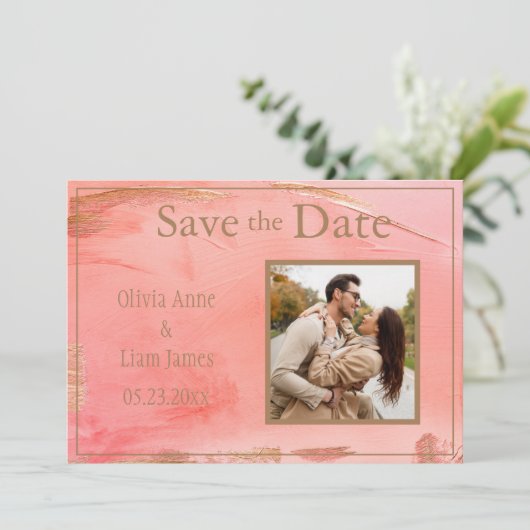 Gold Peach Melon Abstracte foto Modern Save The Date (Staand voorkant)