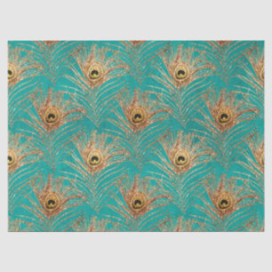 Gold Peacock Feathers op Aqua Decoupage Tissuepapier