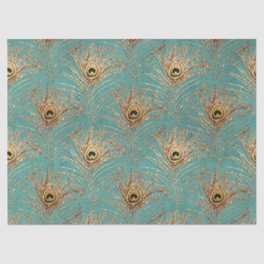 Gold Peacock Feathers op Aqua Decoupage Tissuepapier (Voorkant)