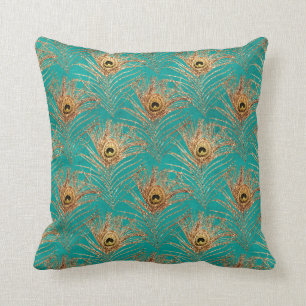 Gold Peacock Feathers op Aqua Kussen