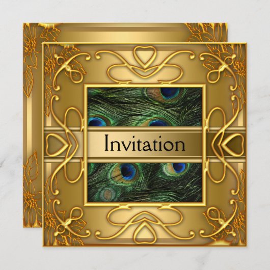 Gold Peacock Invitation N'importe quelle partie (Devant / Derrière)