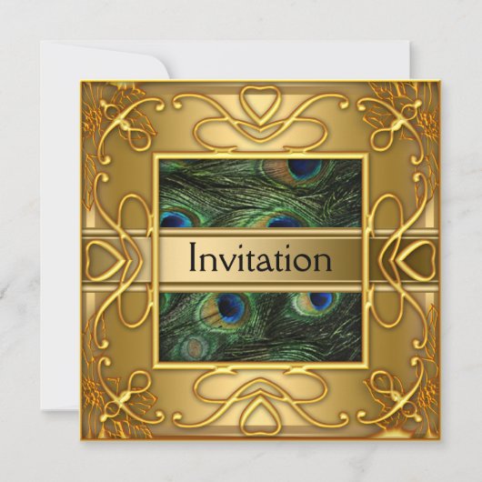 Gold Peacock Invitation N'importe quelle partie (Devant)