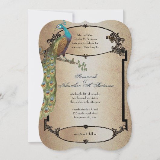 Gold Peacock Roaring 20s Deco Wedding Kaart (Voorkant)