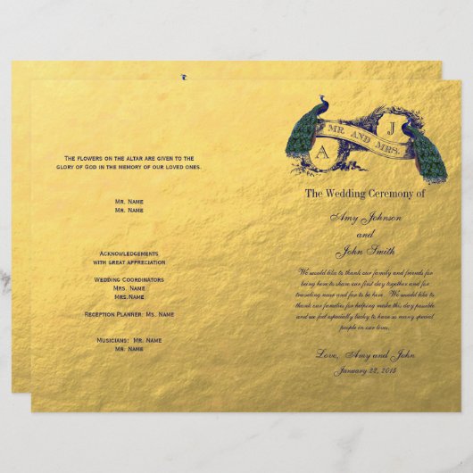 Gold Peacock Wedding Programme (Devant / Derrière)