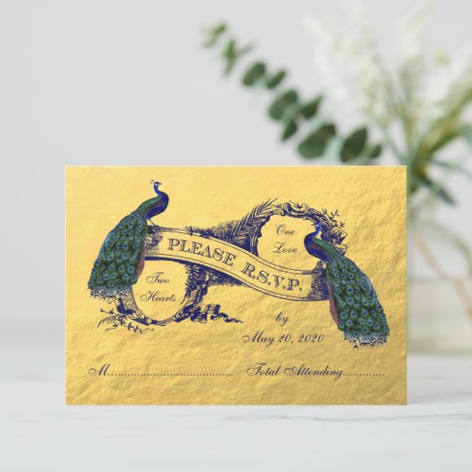Gold Peacock Wedding RSVP Kaart (Staand voorkant)