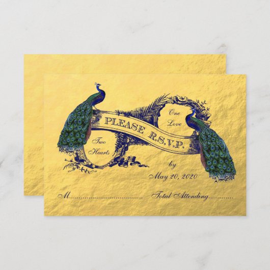 Gold Peacock Wedding RSVP Kaart (Voorkant / Achterkant)