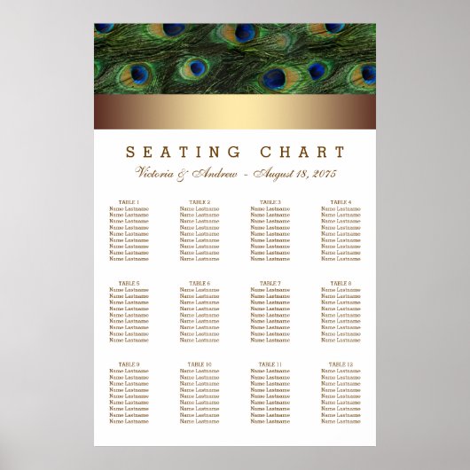 Gold Peacock Wedding Seating Chart Poster (Voorkant)