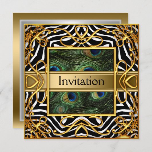 Gold Peacock Zebra Invitation N'importe quelle par (Devant / Derrière)