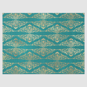 Gold Peacocks en Filigree op Blauwgroen ontkoppeli Tissuepapier