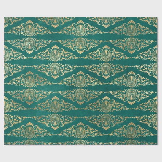 Gold Peacocks en Filigree op groen Cadeaupapier (Vlak)