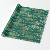 Gold Peacocks en Filigree op groen Cadeaupapier (Uitgerold)