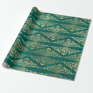 Gold Peacocks en Filigree op groen Cadeaupapier