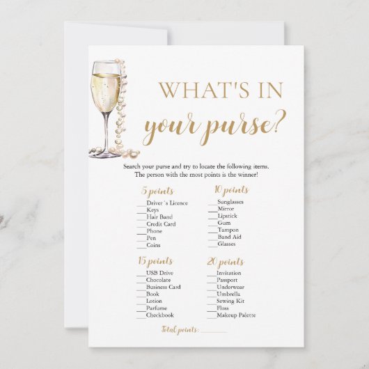 Gold Pearls & Prosecco Wat zit er in je tas spel Kaart (Voorkant)