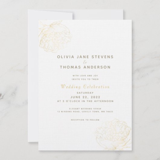 Gold Peonies Elegant Modern Classic Floral Wedding Kaart (Voorkant)