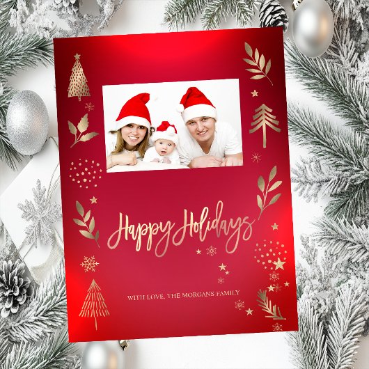  Gold Pine Tree Branch Red Photo Happy Holidays Notitiekaartje