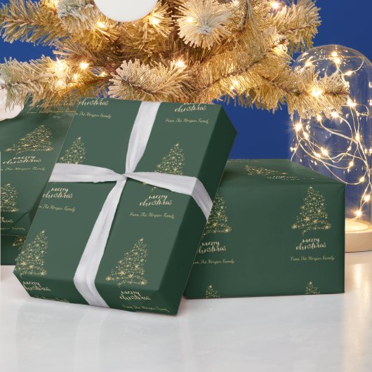 Gold Pine Tree Stars Green Merry kerst Cadeaupapier (Feestdagen)