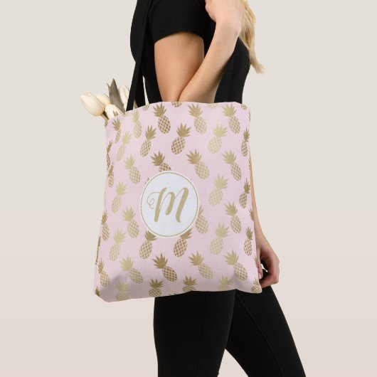 Gold Pineappel Pattern & Monogram Tote Bag (Dichtbij)