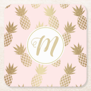 Gold Pineappel Pattern & Monogram Vierkante Kartonnen Onderzetter