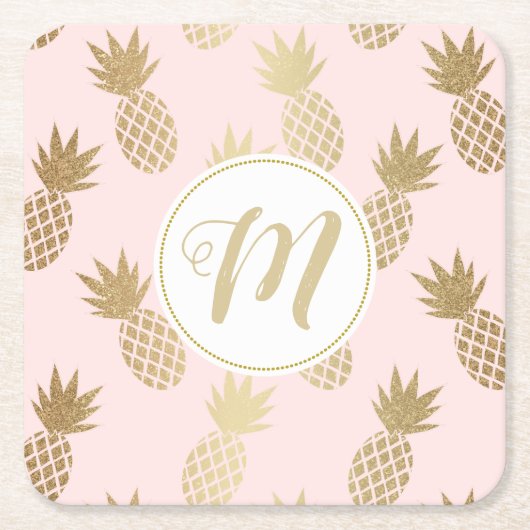 Gold Pineappel Pattern & Monogram Vierkante Kartonnen Onderzetter (Voorkant)