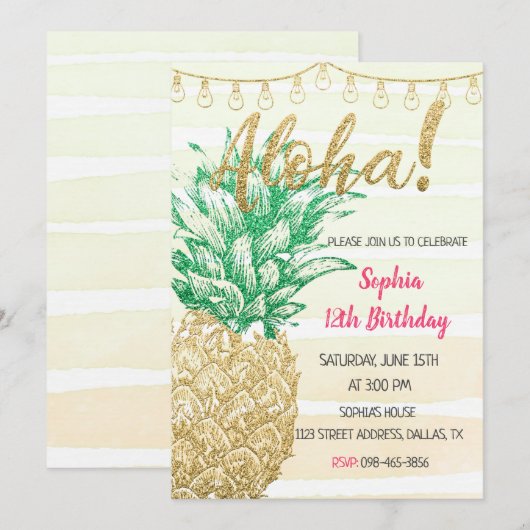 Gold Pineapple Aloha Birthday Invitation Kaart (Voorkant / Achterkant)