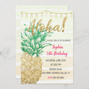 Gold Pineapple Aloha Birthday Invitation Kaart