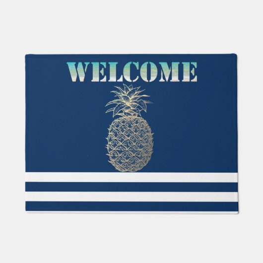 Gold Pineapple Nautical Navy Blue Striped Deurmat (Voorkant)