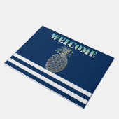 Gold Pineapple Nautical Navy Blue Striped Deurmat (Schuin)