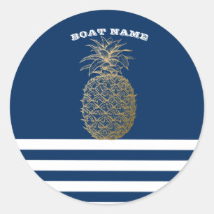 Gold Pineapple Nautical Navy Blue Striped Ronde Sticker