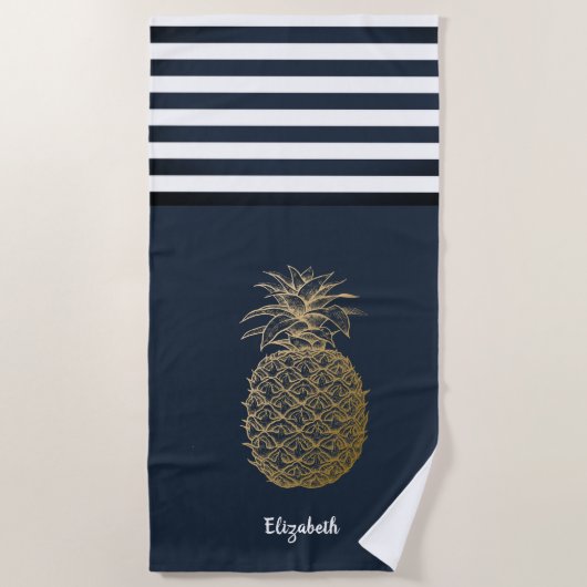 Gold Pineapple Nautical Navy Blue Striped Strandlaken (Voorkant)