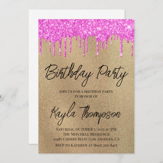 Gold Pink Birthday Party Invitation Kaart (Voorkant / Achterkant)