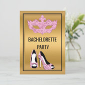 GOLD PINK BLACK BACHELORETTE MASQUERADE PARTIJ KAART (Staand voorkant)