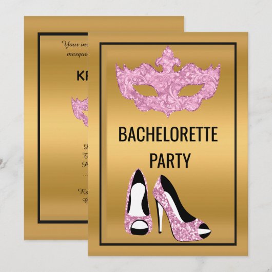 GOLD PINK BLACK BACHELORETTE MASQUERADE PARTIJ KAART (Voorkant / Achterkant)