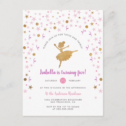 Gold & Pink Confetti Ballerina Invitation Annivers (Devant)