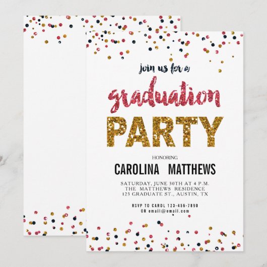 Gold Pink Confetti Graduation Party Invitation Kaart (Voorkant / Achterkant)