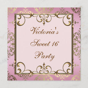 Gold Pink Damask Sweet 16 Birthday Party Kaart