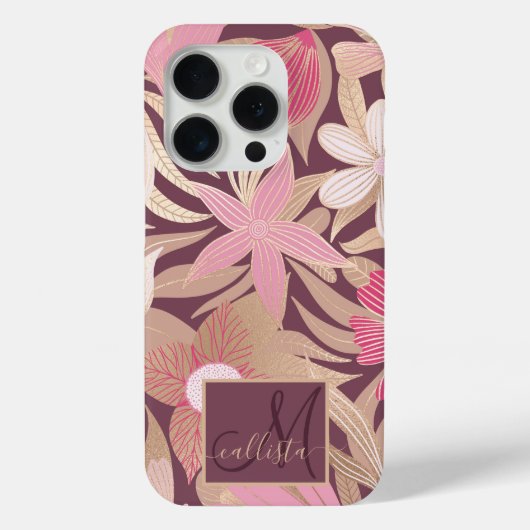 Gold Pink Floral Leaves Monogram Case-Mate iPhone Case (Achterkant)